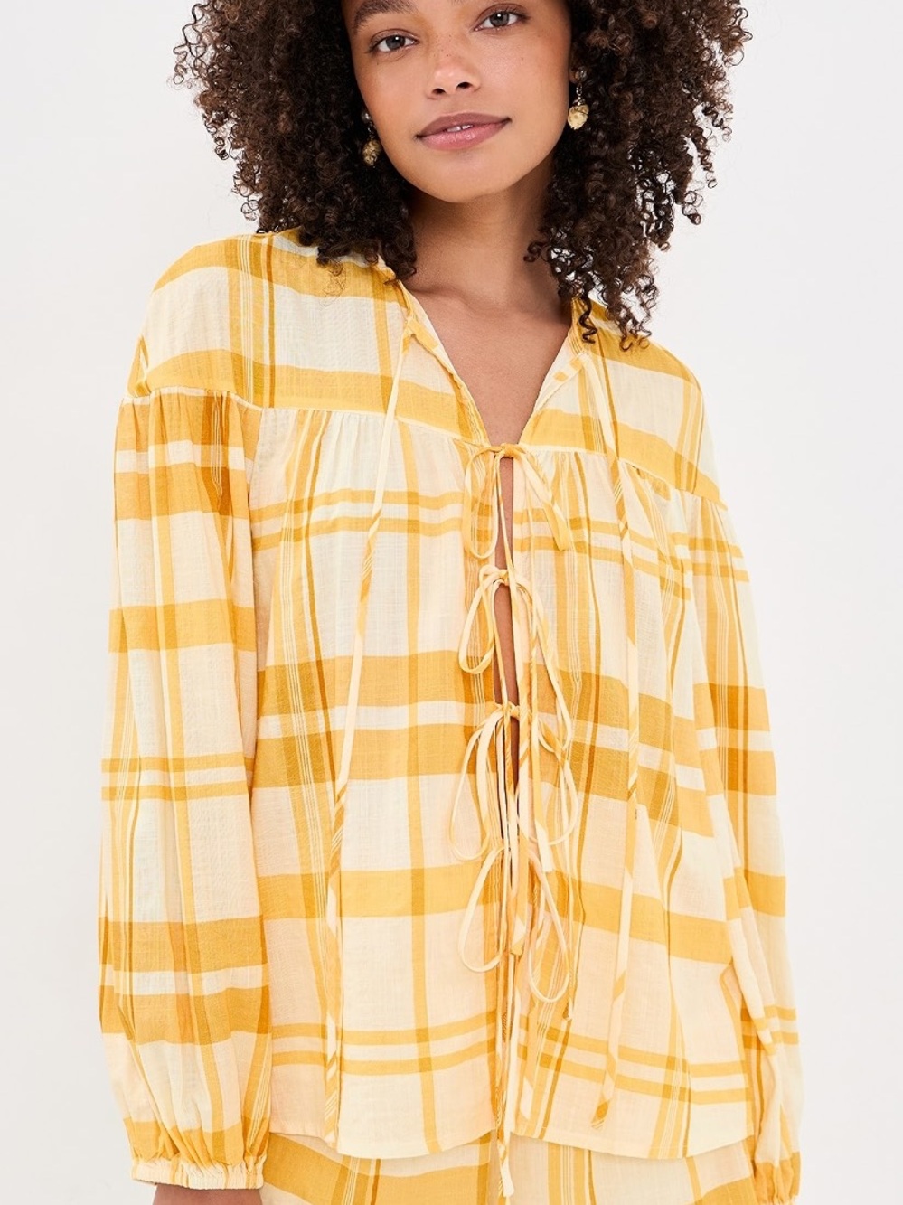 Yellow Plaid Tie-Front Lightweight Top